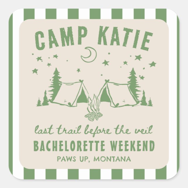 Moderner Camping Camp Junggeselinnen-Abschied Quadratischer Aufkleber (Vorderseite)