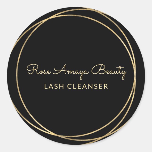 Moderner Chic Black and Gold Script Lash Cleanser Runder Aufkleber (Vorderseite)