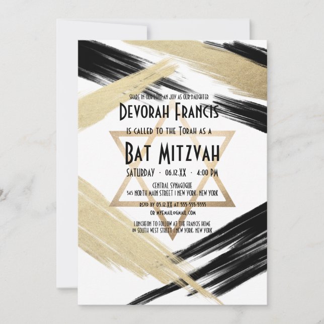 Moderner Chic Black Gold Brushhub Bat Mitzvah Einladung (Vorderseite)