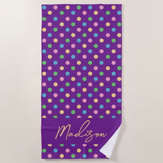 Moderner Chic Polka Dots Personalisiert Lila Strandtuch (Vorderseite)