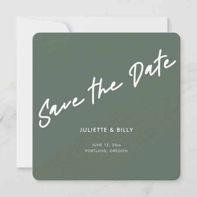 Moderner Chic Script Sage Green Square Save The Date (Vorderseite)
