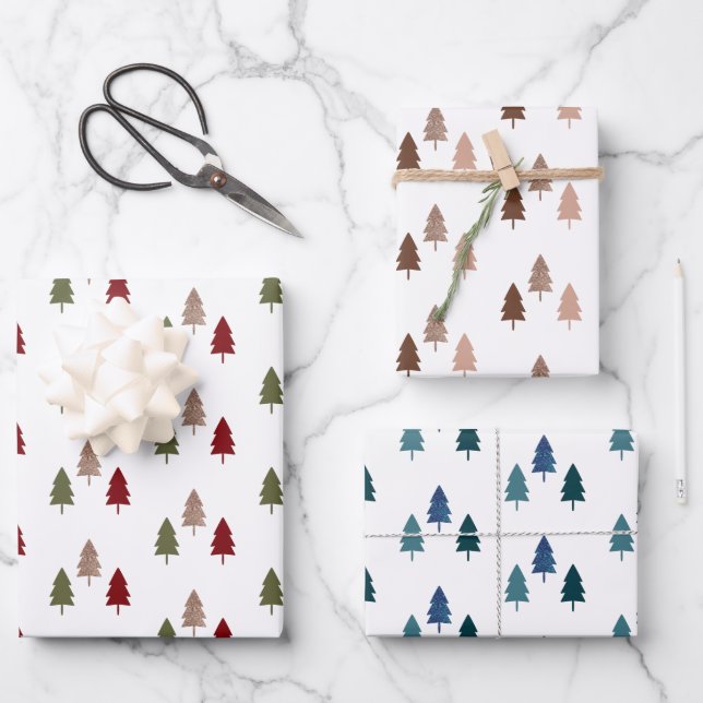 Moderner Chic Weihnachtsbaum Glitzer farbenfroh Geschenkpapier Set (Vorderseite)