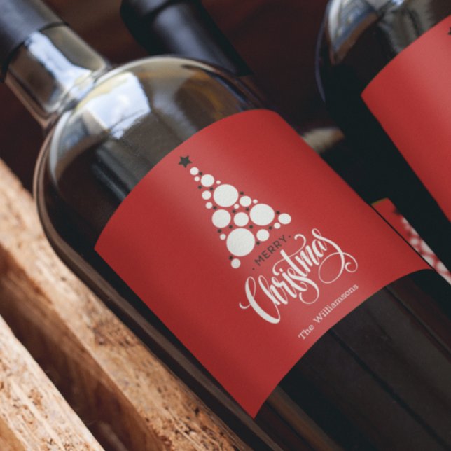 Moderner Christbaum auf Rot Weinetikett (Von Creator hochgeladen)