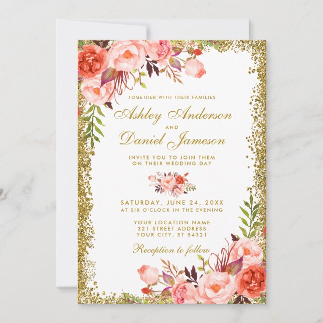 Moderner Coral Floral Wedding Gold Glitzer W Einladung (Vorderseite)