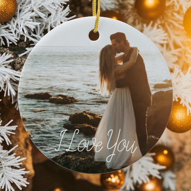 Moderner Couple Foto Anniversary Script Holiday Keramik Ornament (Modern Couple Photo Anniversary Script Holiday Ceramic Ornament)