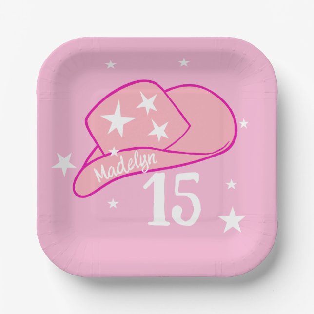 Moderner Cowgirl Western Hat Pink Girl 15. Geburts Pappteller (Vorderseite)