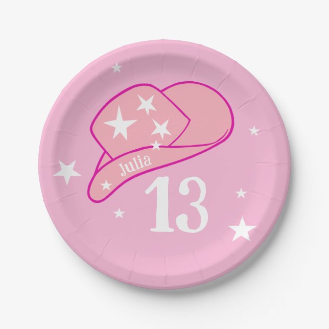 Moderner Cowgirl Western Hat Pink Sweet 13 Geburts Pappteller (Vorderseite)