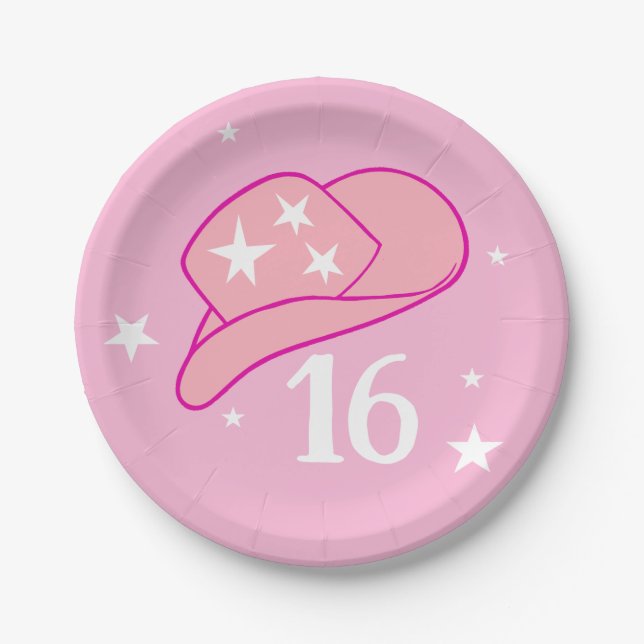 Moderner Cowgirl Western Hat Pink Sweet 16 Geburts Pappteller (Vorderseite)