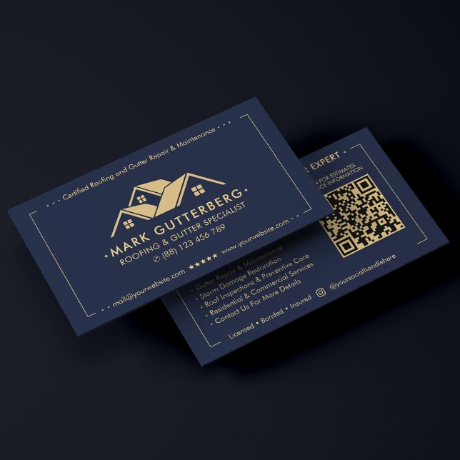 Moderner Dachdecker Dachdecker Dunkelblauer Dachri Visitenkarte (Modern Roofer Roofing Dark Navy Gutter Specialist Business Card
)