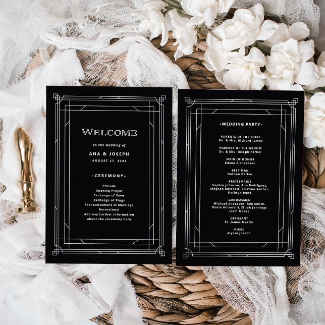 Moderner Deko | Elegant Onyx Black and White Weddi Programm (A vintage, art deco style wedding program in dark onyx black)