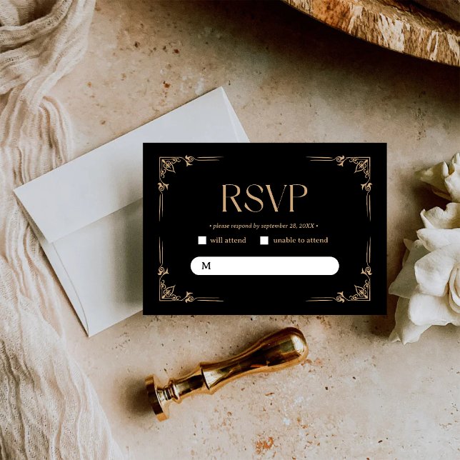 Moderner Deko | Elegante Schwarz-Gold-Hochzeit RSVP Karte (Von Creator hochgeladen)