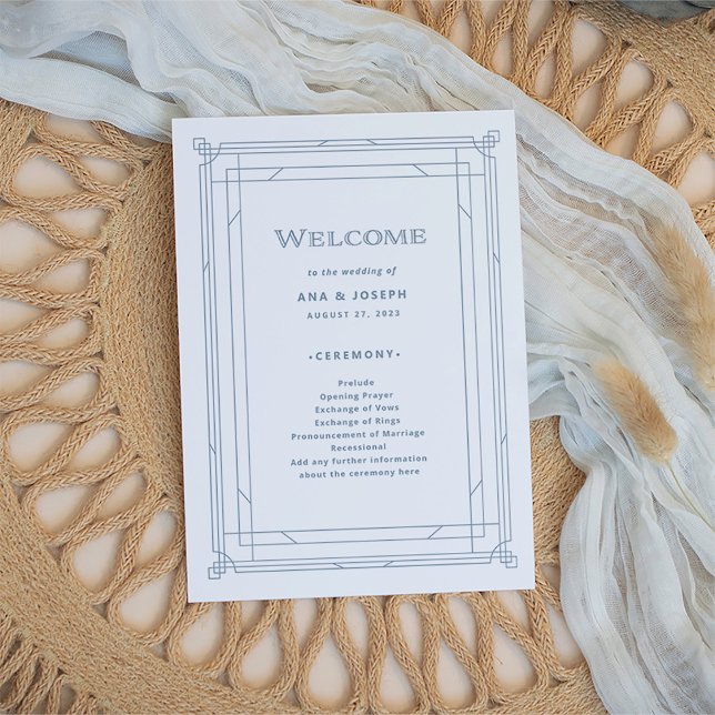 Moderner Deko | Elegante White and Dusty Blue Wedd Programm (An elegant art deco style wedding program, in dusty blue on a white background)