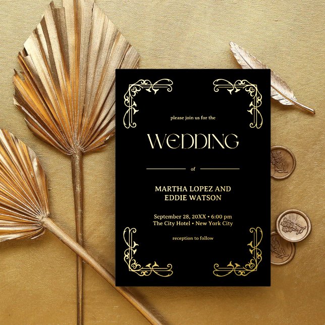 Moderner Deko | Elegantes Hochzeitschwarz und Gold Folieneinladung (Von Creator hochgeladen)