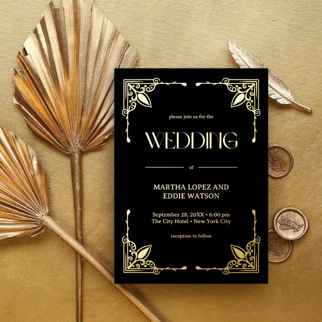 Moderner Deko | Elegantes Hochzeitschwarz und Gold Folieneinladung (Von Creator hochgeladen)