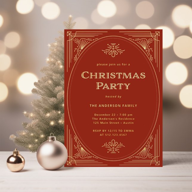 Moderner Deko | Elegantes Rotes Weihnachtsfest Par Folieneinladung (An elegant, gold foil Christmas party invitation with a festive red background)