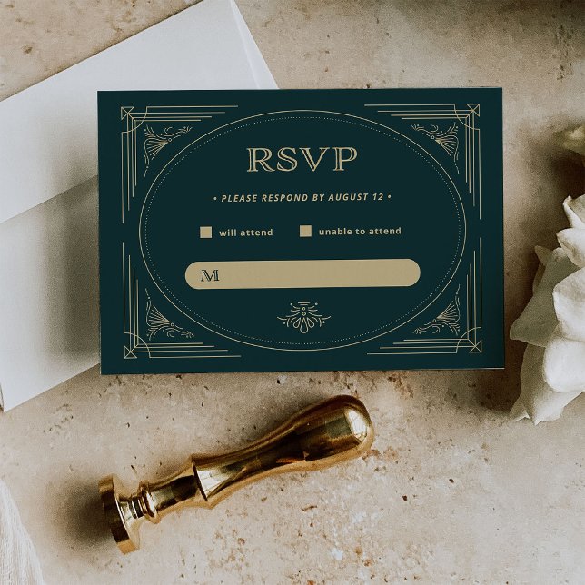 Moderner Deko | Emerald Green und Champagne Weddin RSVP Karte (A vintage art deco style wedding rsvp, in rich emerald green and champagne colored accents)