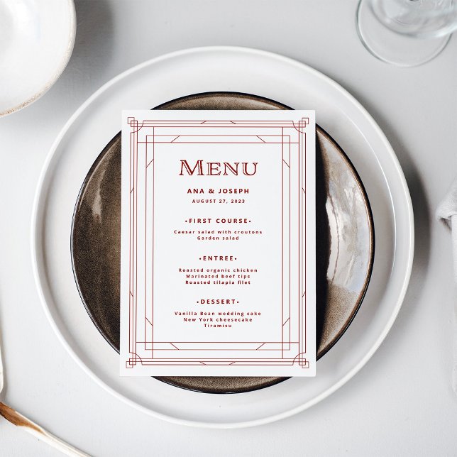 Moderner Deko | Light Silver White mit Red Wedding Menükarte (A festive, light silver white menu with red accents for your elegant holiday wedding)