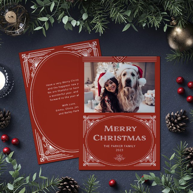 Moderner Deko | Rot mit Foto Feiertagskarte (An elegant, art deco style red Christmas card)