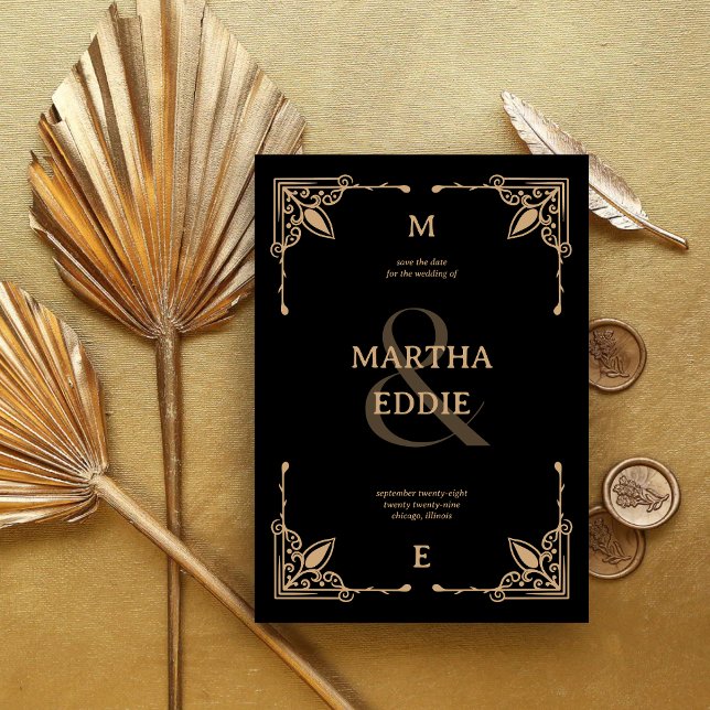 Moderner Deko | Schwarz-Gold-Foto-Back-Wedding Save The Date (Modern deco black and gold photo back save the date adds elegant flair to your wedding announcement.)