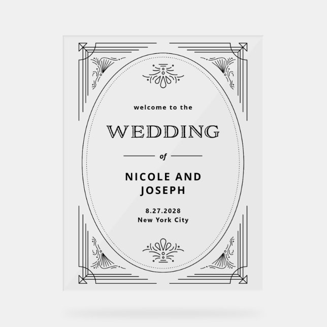 Moderner Deko | Schwarz-Weiß-Hochzeit Begrüßung Acrylschild (Vorderseite)