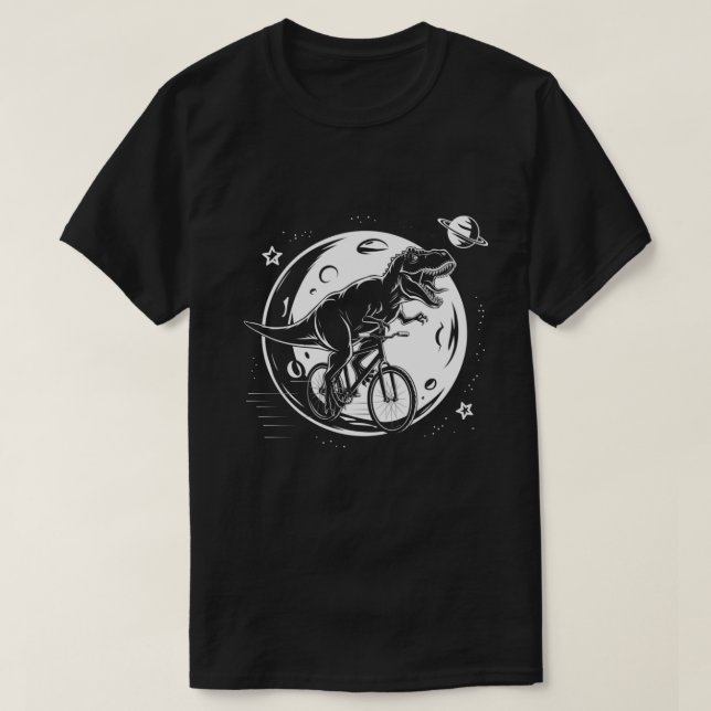 Moderner Dinosaurier auf dem Bike im Himmel mit Mo T-Shirt (Design vorne)