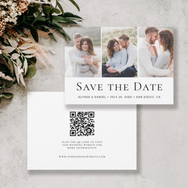 Moderner Drei-Foto-Hochzeitswebsite-QR-Code  Save The Date (Custom 3 photo simple, minimalist, modern save the date QR code wedding website card.)