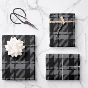 Moderner Dunkelgrauer und Schwarzer Tartan Kariert Geschenkpapier Set