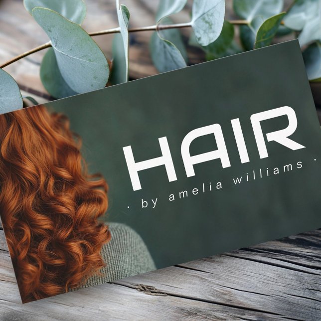Moderner, dunkelgrüner Friseur Stylist Visitenkarte (Modern dark green hair hairdresser stylist business card)