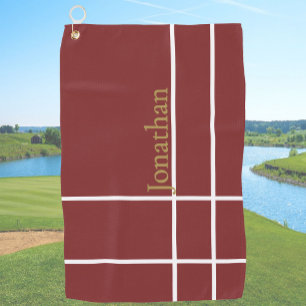 Moderner dunkelroter und goldener minimalistischer golfhandtuch