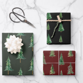 Moderner dunkler Wasserfarbener Weihnachtsbaum Geschenkpapier Set