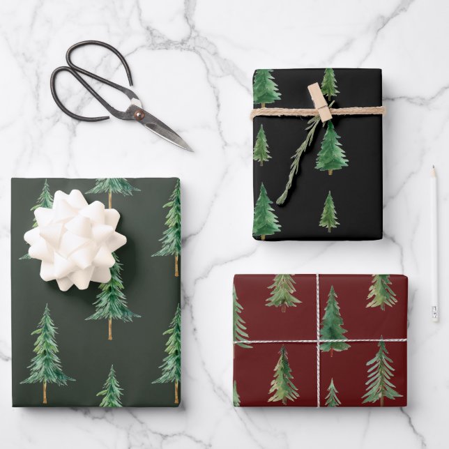 Moderner dunkler Wasserfarbener Weihnachtsbaum Geschenkpapier Set (Vorderseite)