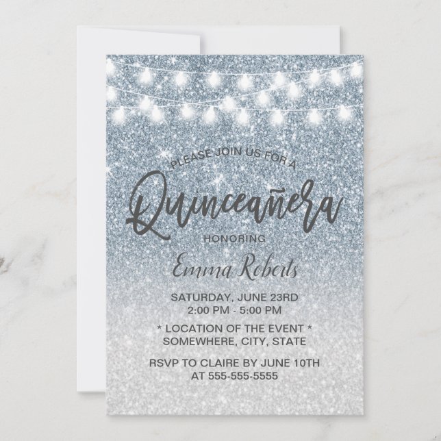 Moderner Dusty Blue Imitats Glitzer Quinceanera 15 Einladung (Vorderseite)