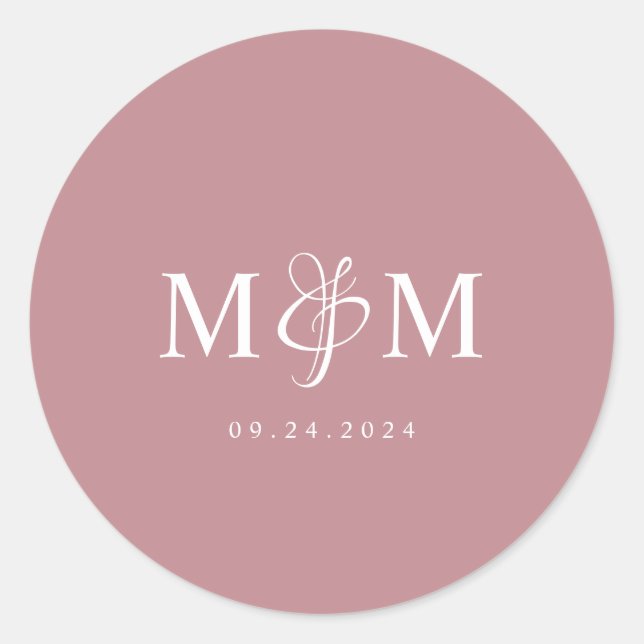 Moderner Dusty Rose Monogram Wedding Umschlag Aufk Runder Aufkleber (Vorderseite)