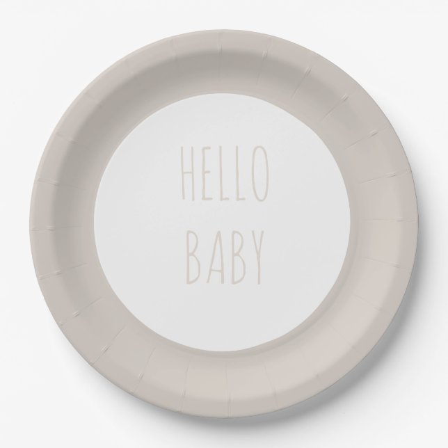 Moderner einfacher neutraler Kreis "Hello Baby" Pappteller (Vorderseite)