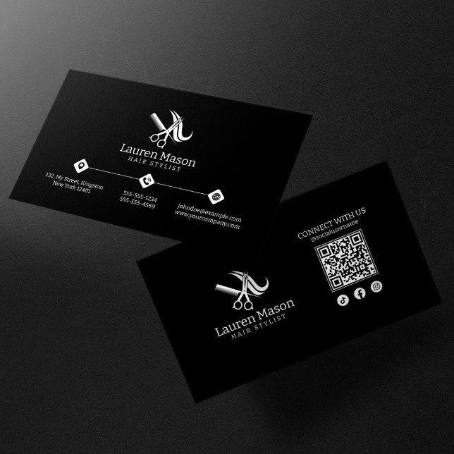 Moderner einfacher Stylist-QR-Code für Schwarz und Visitenkarte (Von Creator hochgeladen)