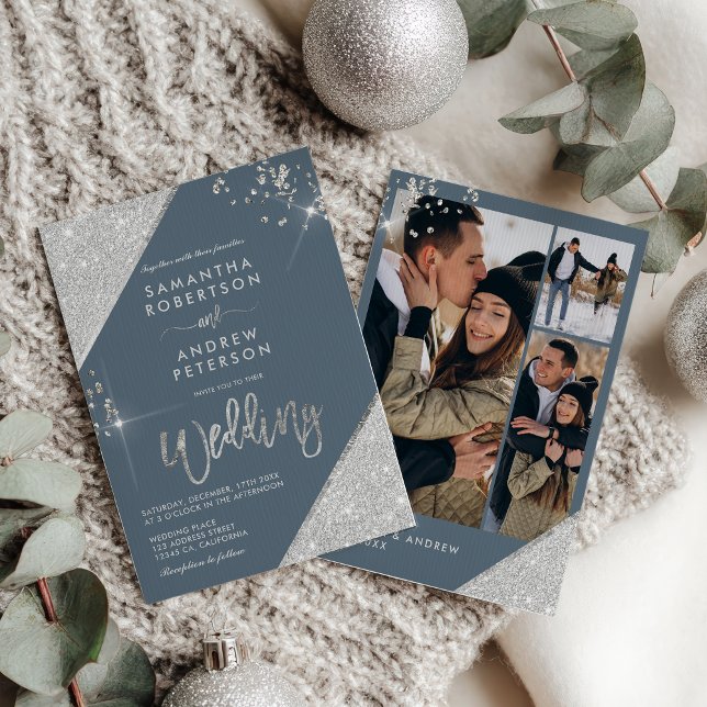 Moderner Eisblau und Silberner Glitzer 3-Foto Hoch Einladung (Modern Ice Blue and Silver Glitter 3-Photo Wedding Invitation)