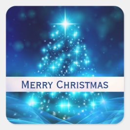Moderner Electric Blue Christmas Tree mit Licht Quadratischer Aufkleber