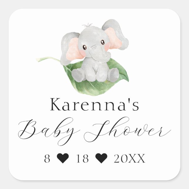 Moderner Elefant Greenerenery Baby Shower Umschlag Quadratischer Aufkleber (Vorderseite)