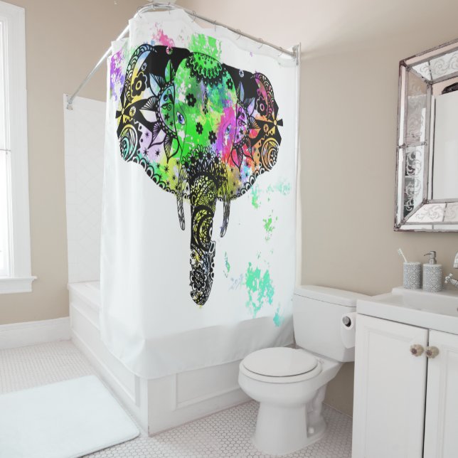 Moderner Elefant Mandala Regenbogenfarbe Spritzer Duschvorhang (Beispiel)