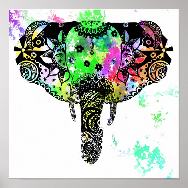 Moderner Elefant Mandala Regenbogenfarbe Spritzer Poster (Vorne)