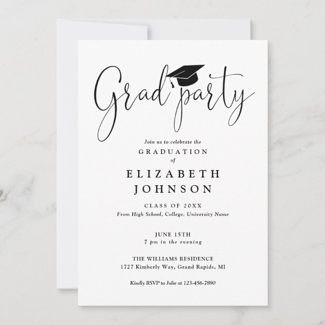 Moderner Elegant Grad Party Script Abschluss Einladung (Vorderseite)