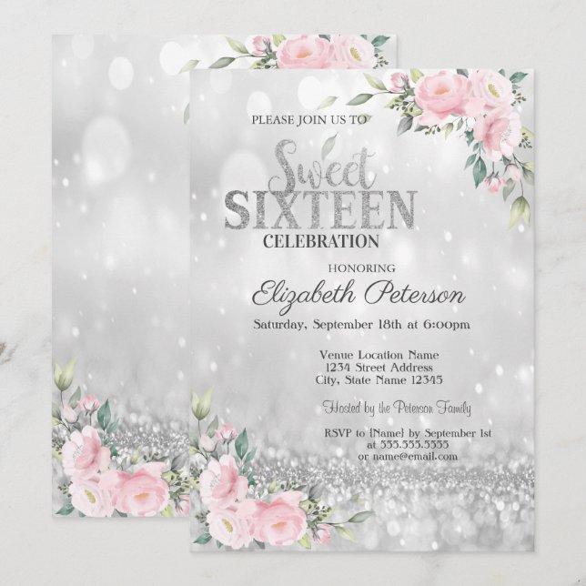 Moderner Elegant Silver Bokeh Blumensüß 16 Einladung (Vorne/Hinten)