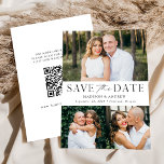 Moderner Eleganter 3 Foto QR Code Save The Date<br><div class="desc">Elegantes Multi-Foto Save the Date mit "Save the Date" in schwarzer Schrift mit weißem Hintergrund. Personalisieren Sie die moderne QR Save the Date-Karte mit 3 Ihrer Lieblings-Fotos, Ihren Namen, Ihrem Hochzeitstag und Ihrem Hochzeitsort. Save the Date kehrt sich das zurück, um Ihren individuellen QR-Code mit Hochzeitswebsite und individuellem Text anzuzeigen....</div>