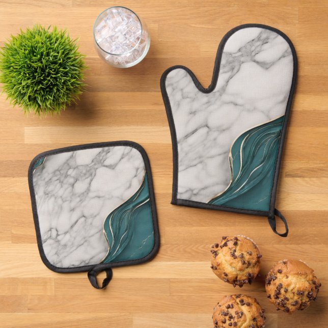 Moderner eleganter Aquamariner grauer Marmor Ofenhandschuh & Topflappen-Set (Oben Unten)