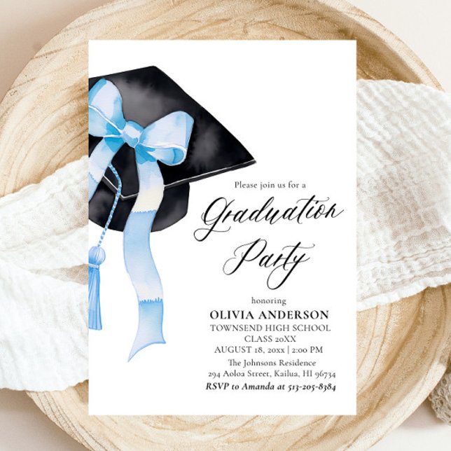 Moderner Eleganter Blue Bow Graduation Cap Abschlu Einladung (Watercolor Modern Elegant Trendy Stylish Blue Bow Graduation Invitation)