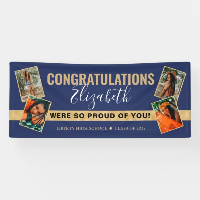 Moderner Eleganter Blue Gold Foto Collage Abschlus Banner (Horizontal)