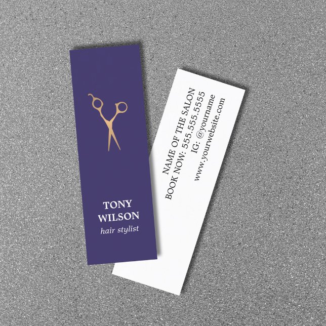 Moderner Eleganter Blue Imitats Gold Scheren Salon Mini Visitenkarte (Von Creator hochgeladen)