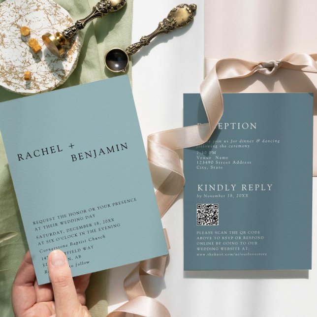 Moderner, eleganter Blue Wedding 2 Sided QR Code Einladung (Von Creator hochgeladen)