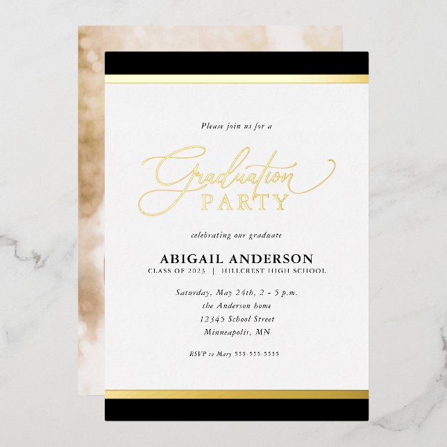 Moderner Eleganter Calligrafy Foto Abschluss Gold Folieneinladung (Vorderseite/Rückseite)