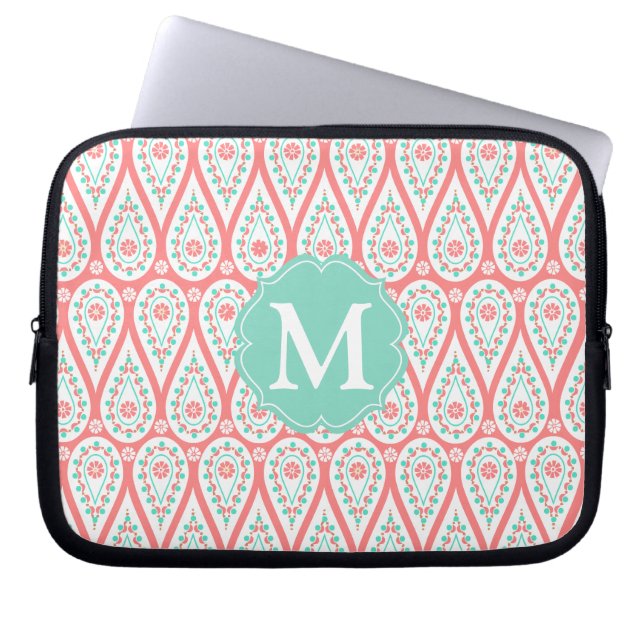 Moderner eleganter Damast korallenrotes Paisley Laptopschutzhülle (Vorderseite)